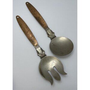 Vintage Copper Craft Guild Copper Brass Salad Serving Fork Spoon Set 1970s - EUC